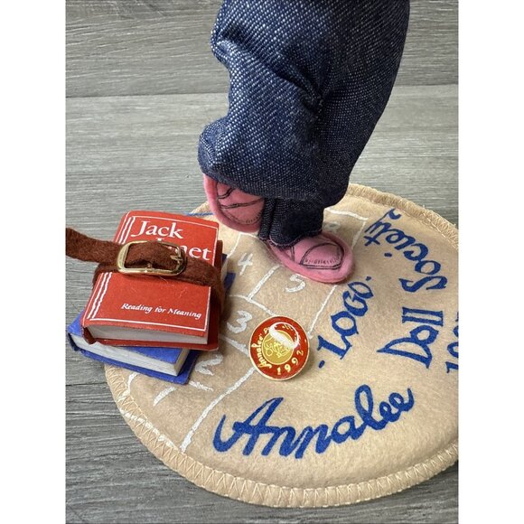 Annalee Doll Society Logo 1992 School Girl Denim Overalls Books Apple Sun Pin - Picture 5 of 12